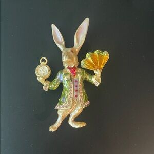 Kirks Folly White Rabbit Brooch with Green and Gold Accents